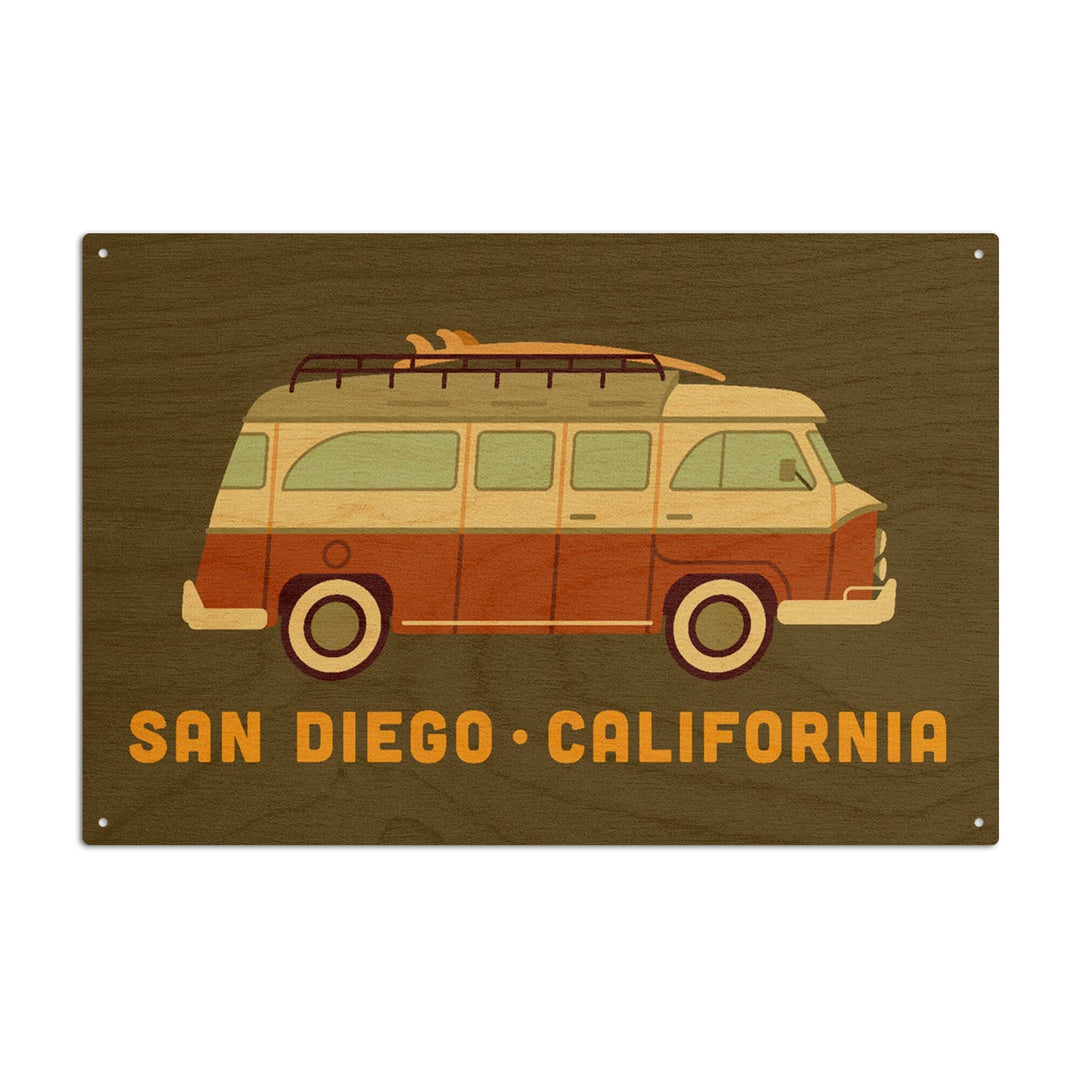 San Diego, California, Camper Van with Surfboard, Geometric, Lantern Press Artwork, Wood Signs and Postcards Wood Lantern Press 6x9 Wood Sign 