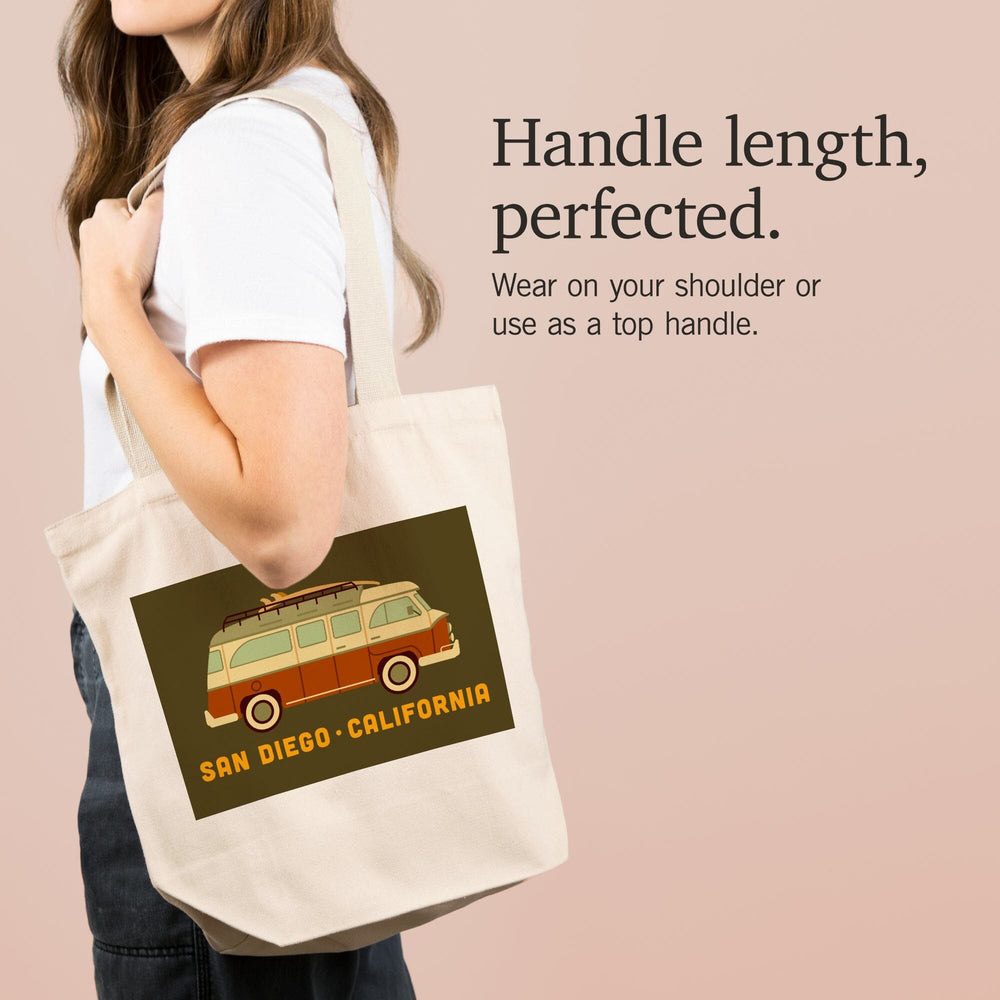San Diego, California, Camper Van with Surfboard, Geometric, Tote Bag Totes Lantern Press 