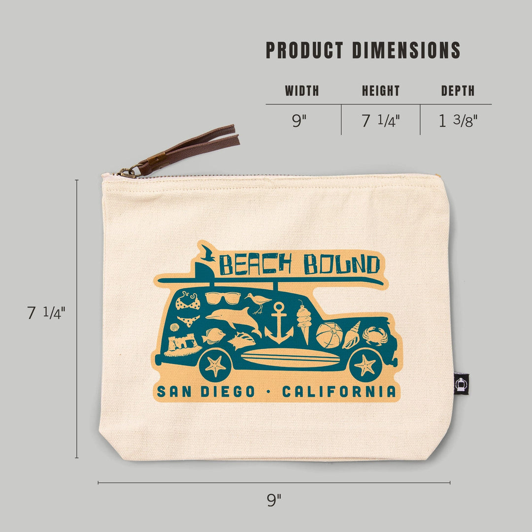San Diego, California, Coastal Icons,, Organic Cotton Zipper Pouch, Go Bag Go Bag Lantern Press 