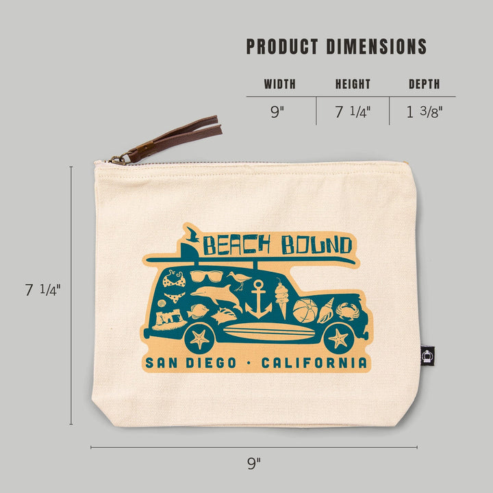 San Diego, California, Coastal Icons,, Organic Cotton Zipper Pouch, Go Bag Go Bag Lantern Press 