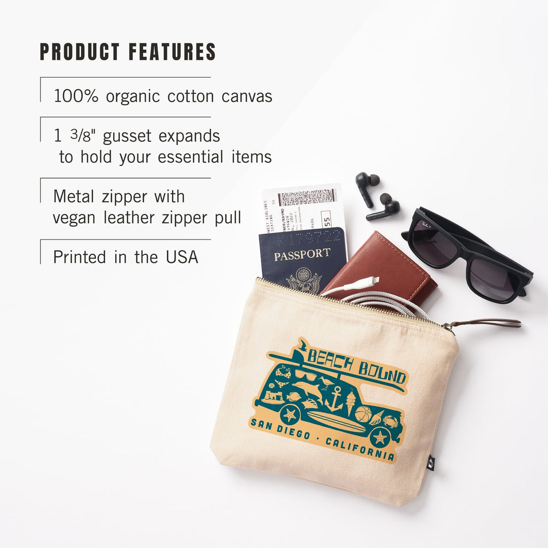 San Diego, California, Coastal Icons,, Organic Cotton Zipper Pouch, Go Bag Go Bag Lantern Press 