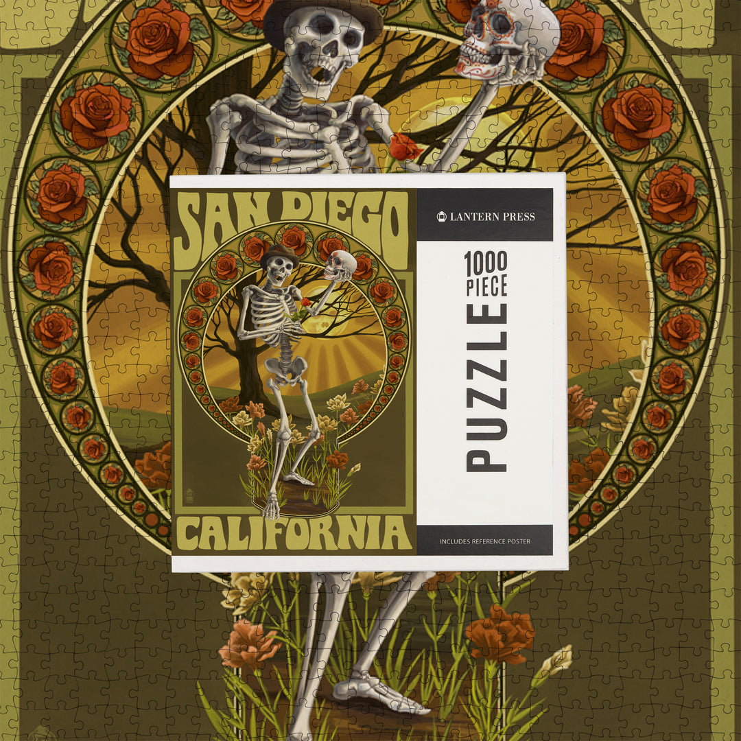 San Diego, California, Day of the Dead, Skeleton Holding Sugar Skull, Jigsaw Puzzle Puzzle Lantern Press 