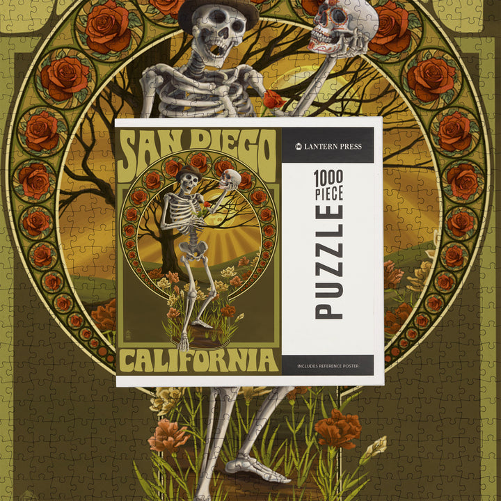 San Diego, California, Day of the Dead, Skeleton Holding Sugar Skull, Jigsaw Puzzle Puzzle Lantern Press 
