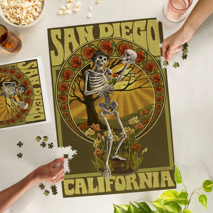 San Diego, California, Day of the Dead, Skeleton Holding Sugar Skull, Jigsaw Puzzle Puzzle Lantern Press 