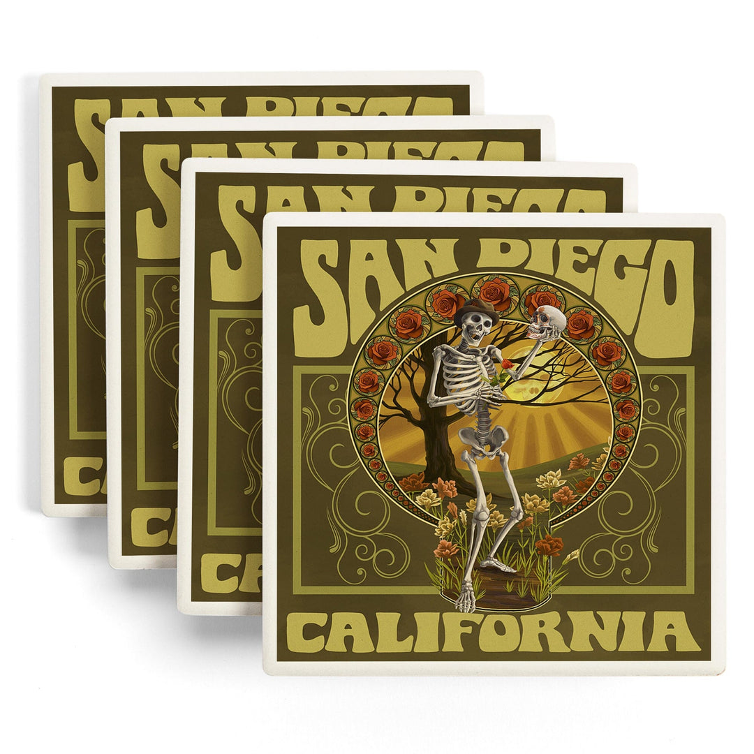 San Diego, California, Day of the Dead, Skeleton Holding Sugar Skull, Lantern Press Artwork, Coaster Set Coasters Lantern Press 