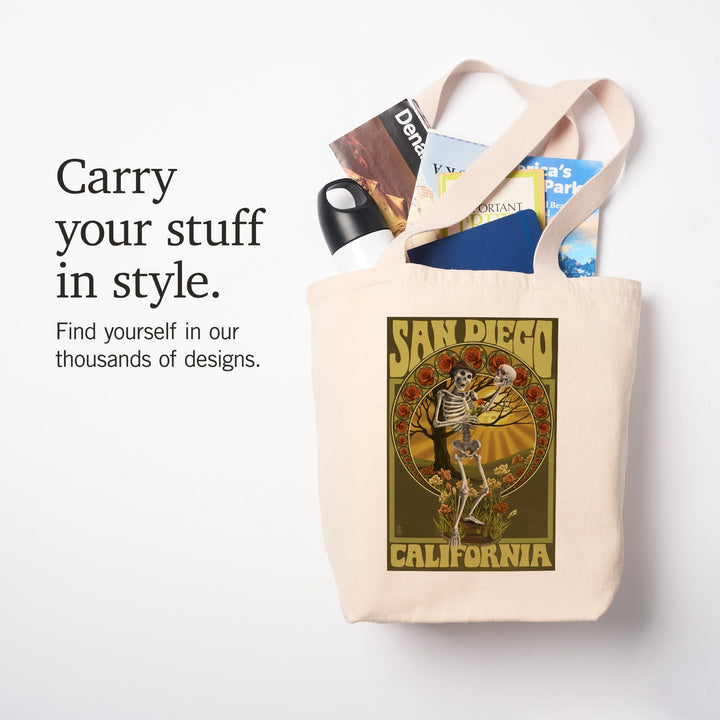 San Diego, California, Day of the Dead, Skeleton Holding Sugar Skull, Lantern Press Artwork, Tote Bag Totes Lantern Press 