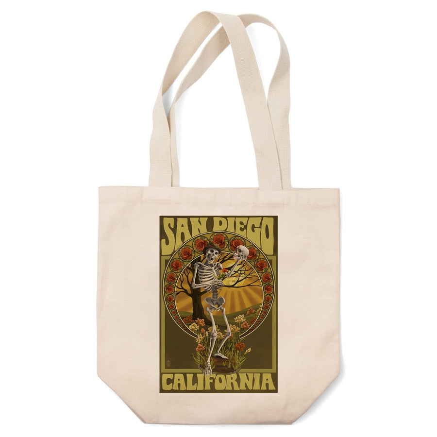 San Diego, California, Day of the Dead, Skeleton Holding Sugar Skull, Lantern Press Artwork, Tote Bag Totes Lantern Press 