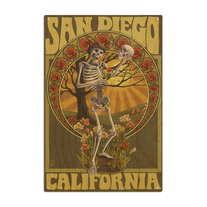 San Diego, California, Day of the Dead, Skeleton Holding Sugar Skull, Lantern Press Artwork, Wood Signs and Postcards Wood Lantern Press 10 x 15 Wood Sign 