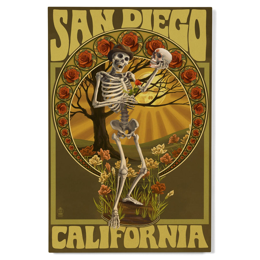 San Diego, California, Day of the Dead, Skeleton Holding Sugar Skull, Lantern Press Artwork, Wood Signs and Postcards Wood Lantern Press 