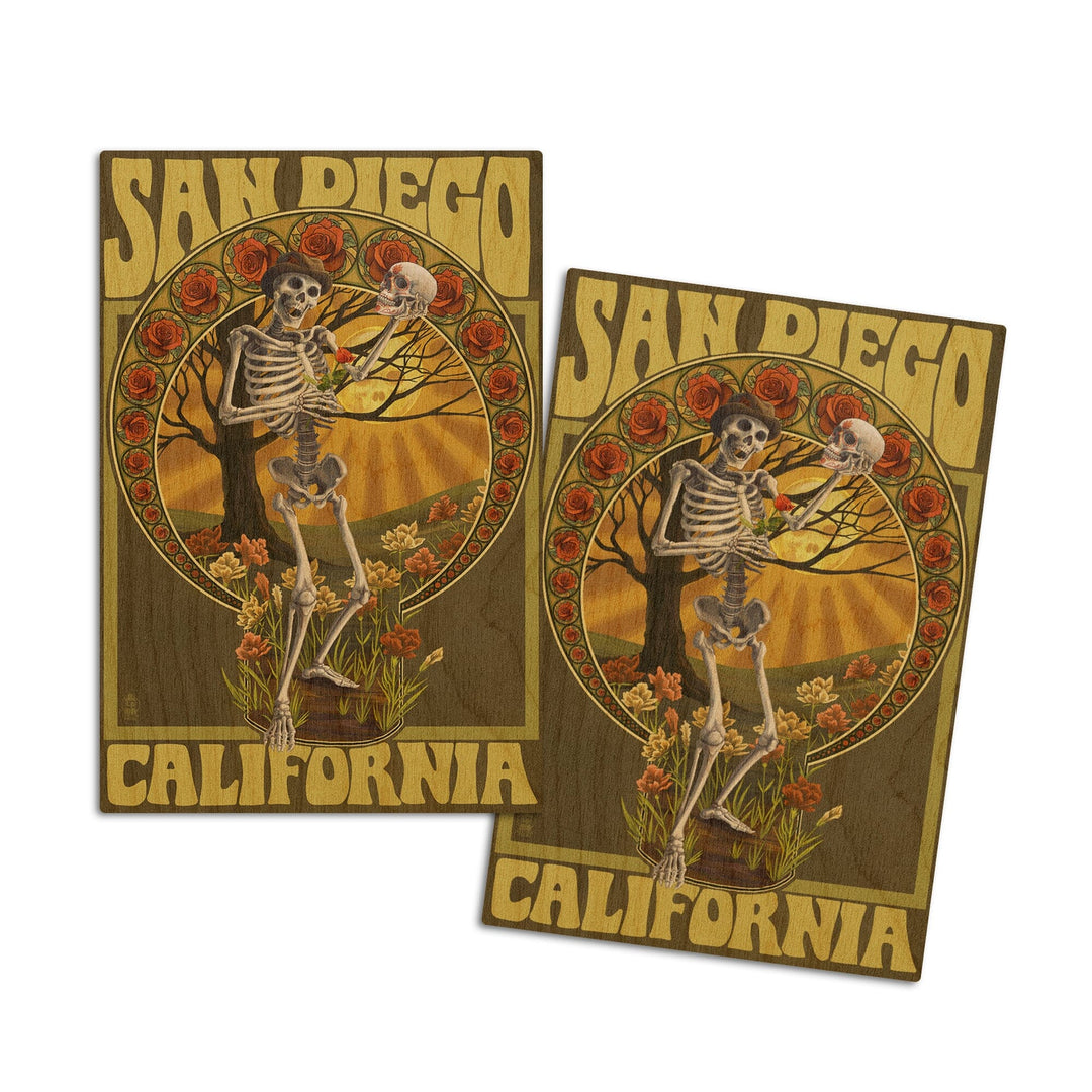 San Diego, California, Day of the Dead, Skeleton Holding Sugar Skull, Lantern Press Artwork, Wood Signs and Postcards Wood Lantern Press 4x6 Wood Postcard Set 