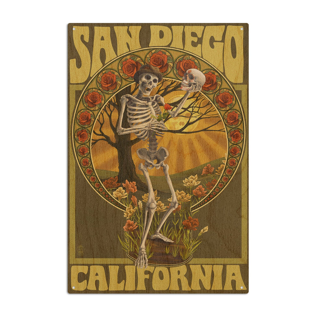 San Diego, California, Day of the Dead, Skeleton Holding Sugar Skull, Lantern Press Artwork, Wood Signs and Postcards Wood Lantern Press 6x9 Wood Sign 