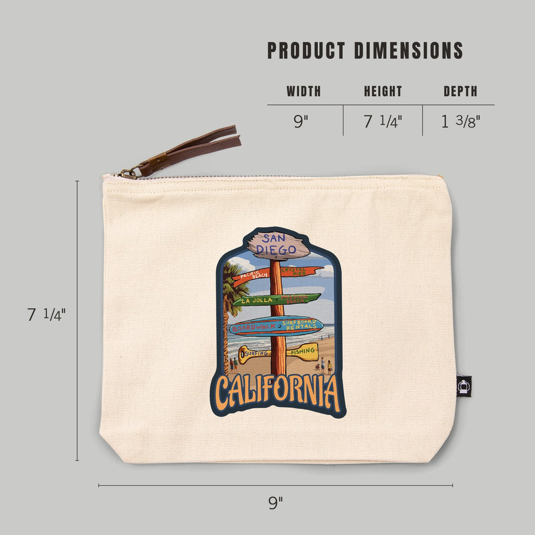 San Diego, California, Destination Sign,, Organic Cotton Zipper Pouch, Go Bag Go Bag Lantern Press 