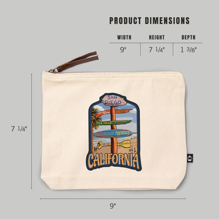 San Diego, California, Destination Sign,, Organic Cotton Zipper Pouch, Go Bag Go Bag Lantern Press 