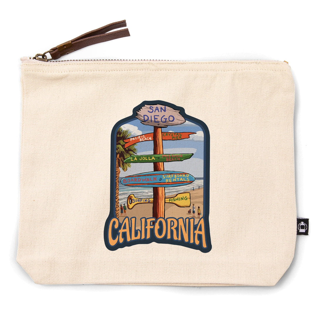 San Diego, California, Destination Sign,, Organic Cotton Zipper Pouch, Go Bag Go Bag Lantern Press 