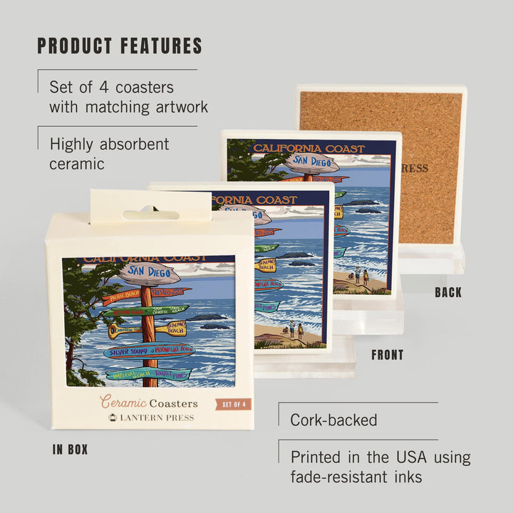 San Diego, California, Destinations Sign, Coasters Coasters Lantern Press 