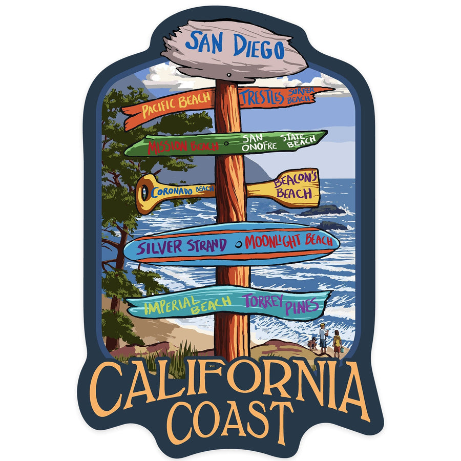 San Diego, California, Destinations Sign, Contour, Lantern Press Artwork, Vinyl Sticker Sticker Lantern Press 