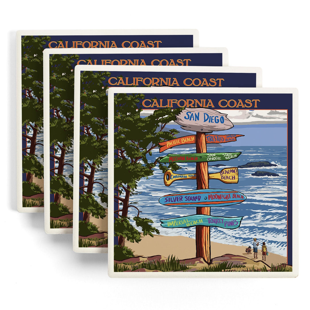 San Diego, California, Destinations Sign, Lantern Press Artwork, Coaster Set Coasters Lantern Press 