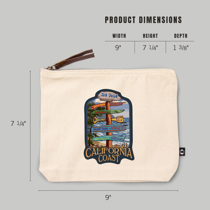 San Diego, California, Destinations Sign,, Organic Cotton Zipper Pouch, Go Bag Go Bag Lantern Press 