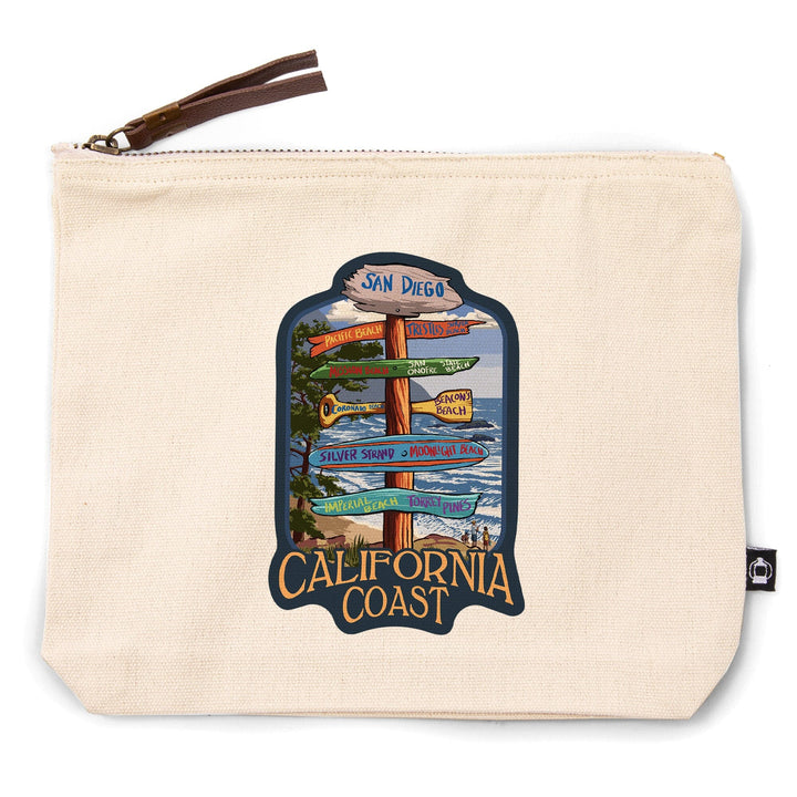 San Diego, California, Destinations Sign,, Organic Cotton Zipper Pouch, Go Bag Go Bag Lantern Press 