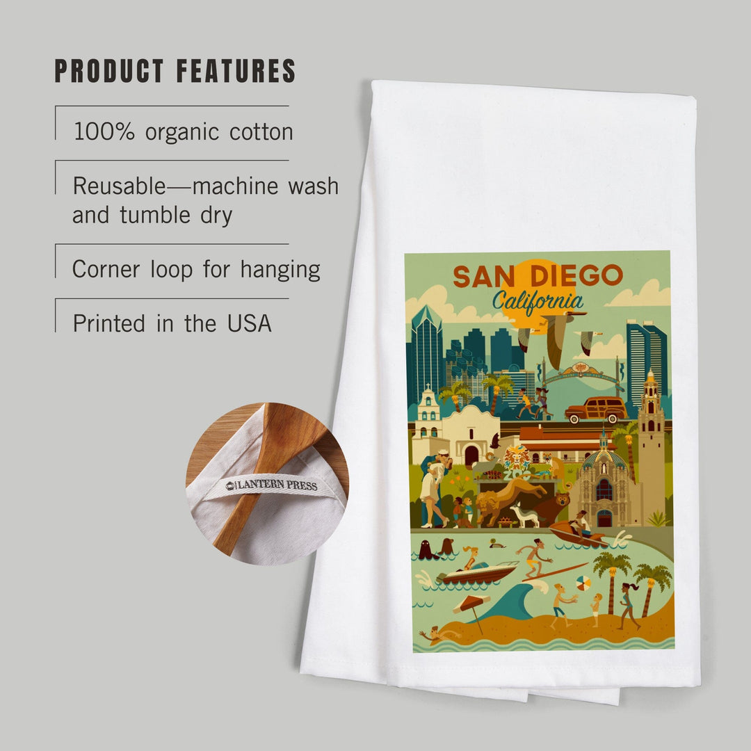 San Diego, California, Geometric, Organic Cotton Kitchen Tea Towels Kitchen Lantern Press 