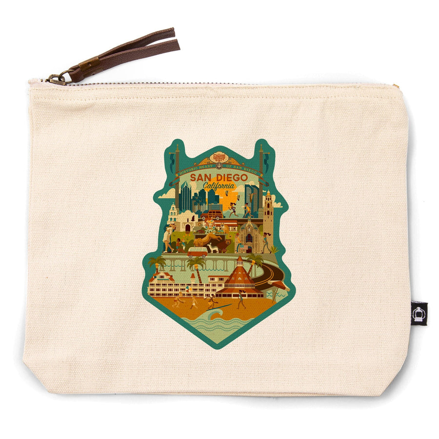 San Diego, California, Geometric,, Organic Cotton Zipper Pouch, Go Bag Go Bag Lantern Press 