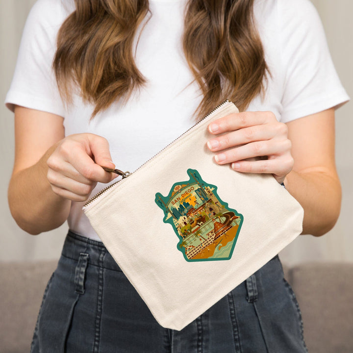 San Diego, California, Geometric,, Organic Cotton Zipper Pouch, Go Bag Go Bag Lantern Press 