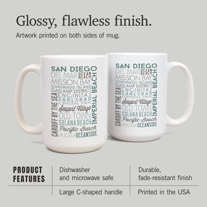 San Diego, California, Green Typography, Lantern Press Artwork, Ceramic Mug Mugs Lantern Press 