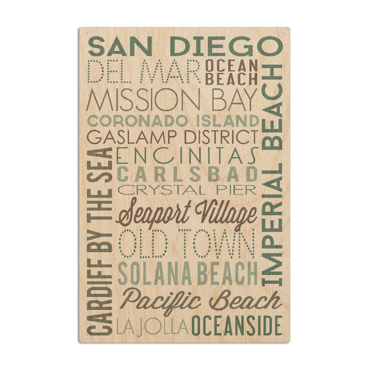 San Diego, California, Green Typography, Lantern Press Artwork, Wood Signs and Postcards Wood Lantern Press 10 x 15 Wood Sign 