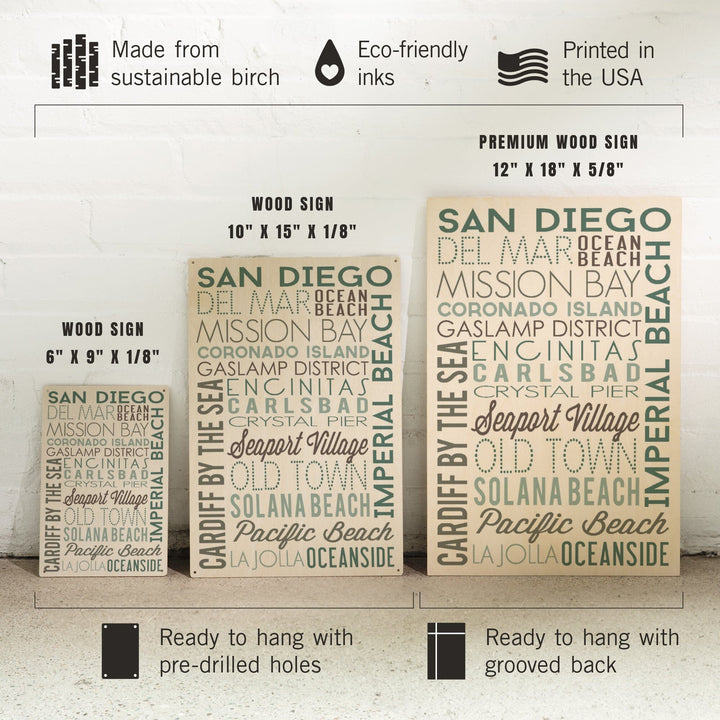 San Diego, California, Green Typography, Lantern Press Artwork, Wood Signs and Postcards Wood Lantern Press 