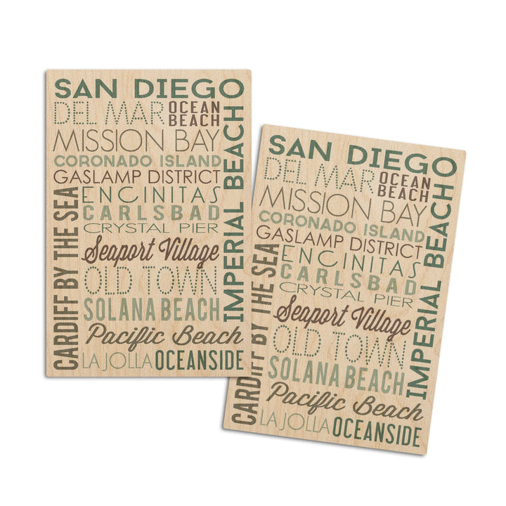 San Diego, California, Green Typography, Lantern Press Artwork, Wood Signs and Postcards Wood Lantern Press 4x6 Wood Postcard Set 