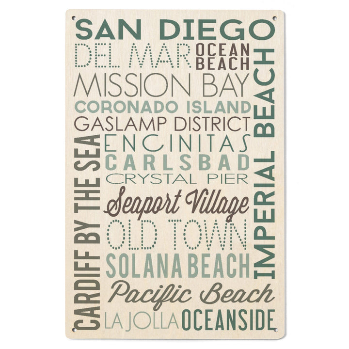 San Diego, California, Green Typography, Lantern Press Artwork, Wood Signs and Postcards Wood Lantern Press 