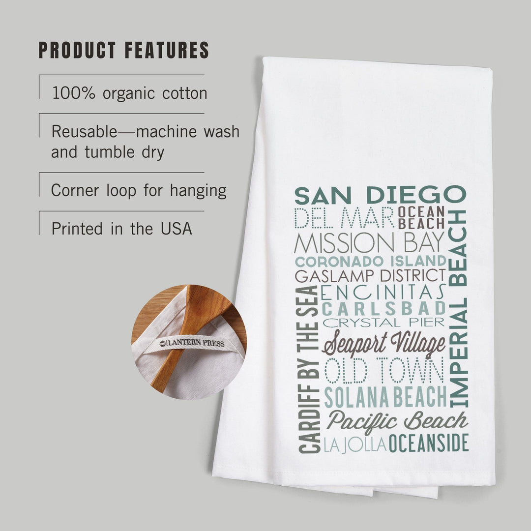 San Diego, California, Green Typography, Organic Cotton Kitchen Tea Towels Kitchen Lantern Press 