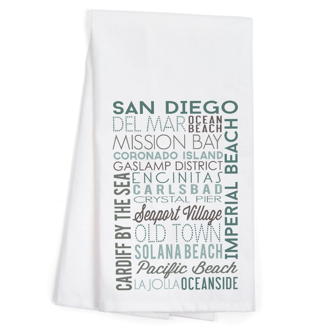 San Diego, California, Green Typography, Organic Cotton Kitchen Tea Towels Kitchen Lantern Press 