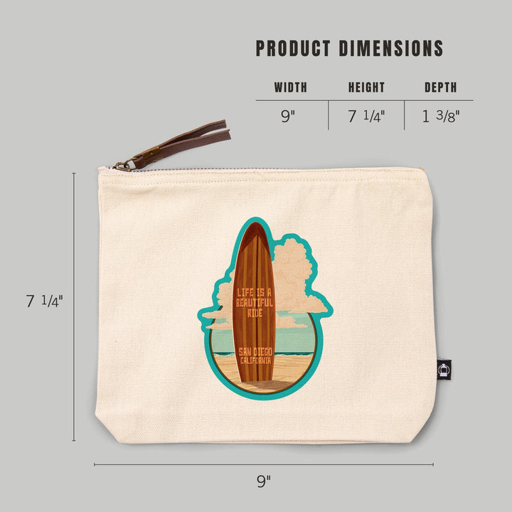 San Diego, California, Life is a Beautiful Ride, Surfboard, Letterpress,, Organic Cotton Zipper Pouch, Go Bag Go Bag Lantern Press 