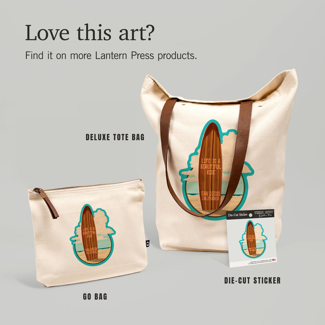 San Diego, California, Life is a Beautiful Ride, Surfboard, Letterpress,, Organic Cotton Zipper Pouch, Go Bag Go Bag Lantern Press 