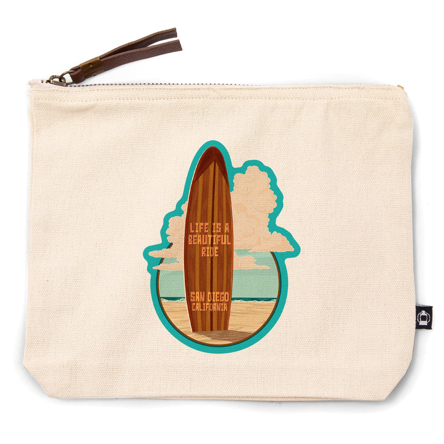 San Diego, California, Life is a Beautiful Ride, Surfboard, Letterpress,, Organic Cotton Zipper Pouch, Go Bag Go Bag Lantern Press 