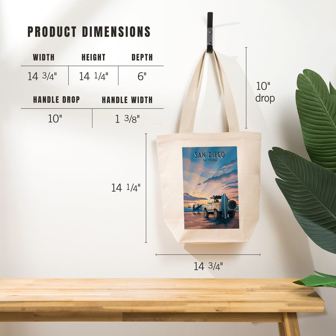 San Diego, California, Lithograph, Surfers on Beach, Tote Bag Totes Lantern Press 