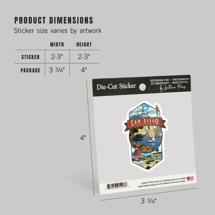 San Diego, California, Montage, Contour, Vinyl Sticker Sticker Lantern Press 