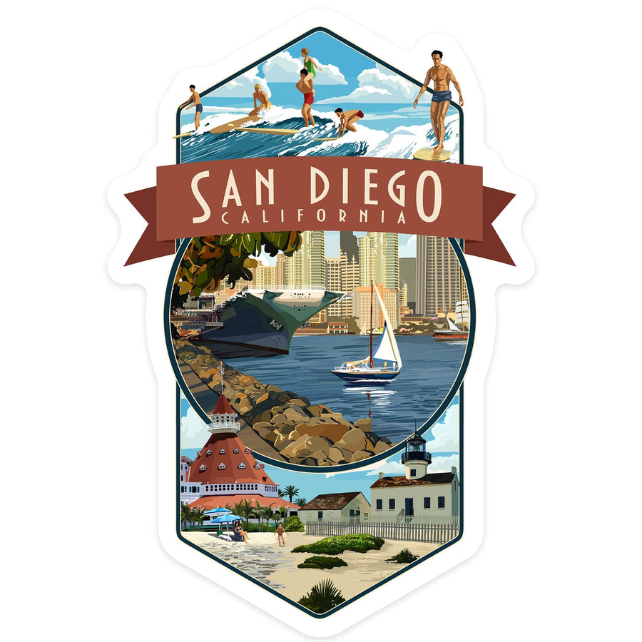 San Diego, California, Montage, Contour, Vinyl Sticker Sticker Lantern Press 