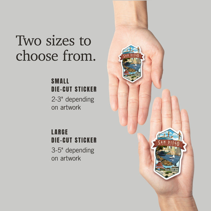 San Diego, California, Montage, Contour, Vinyl Sticker Sticker Lantern Press 