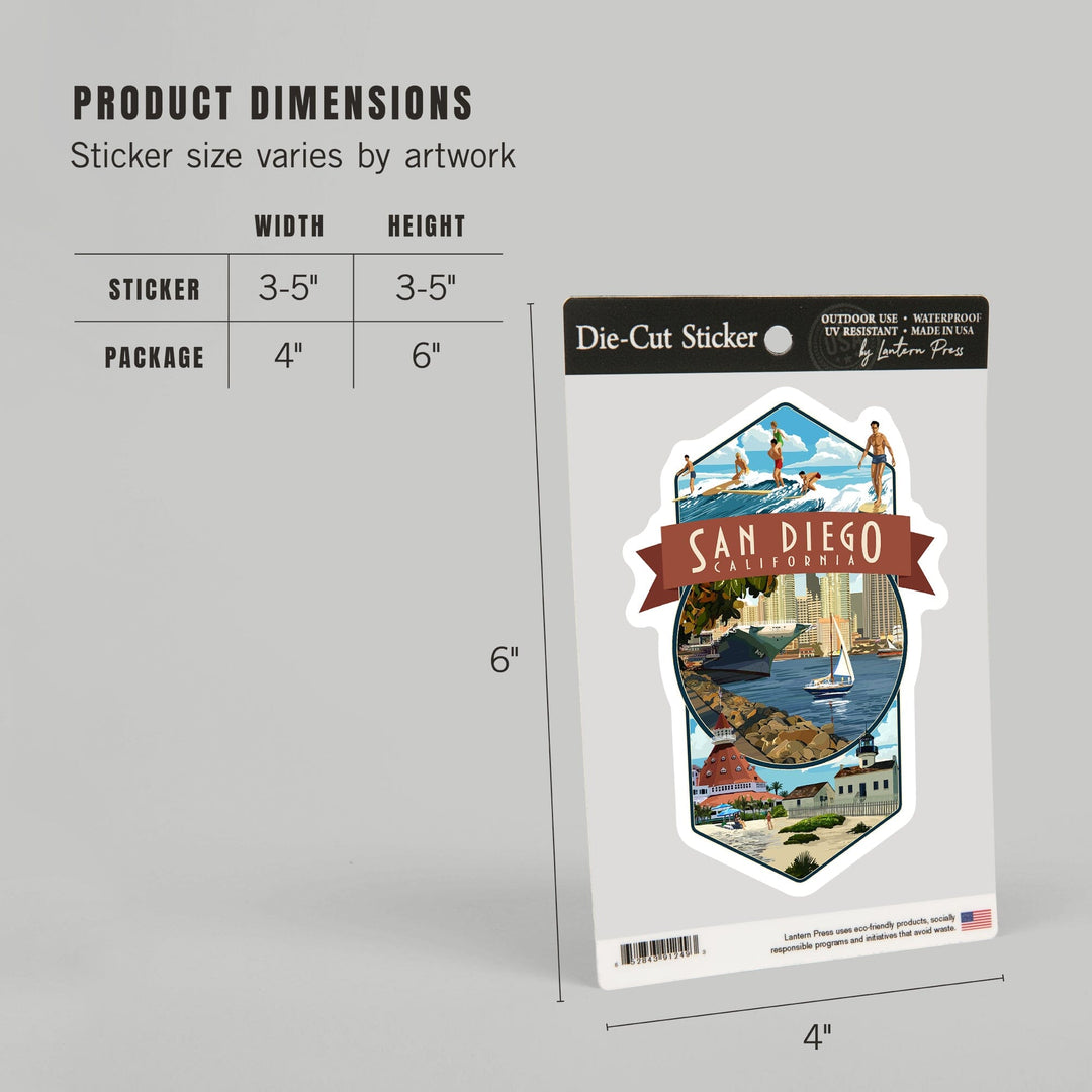 San Diego, California, Montage, Contour, Vinyl Sticker Sticker Lantern Press 