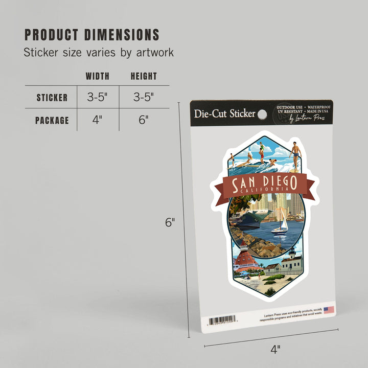 San Diego, California, Montage, Contour, Vinyl Sticker Sticker Lantern Press 