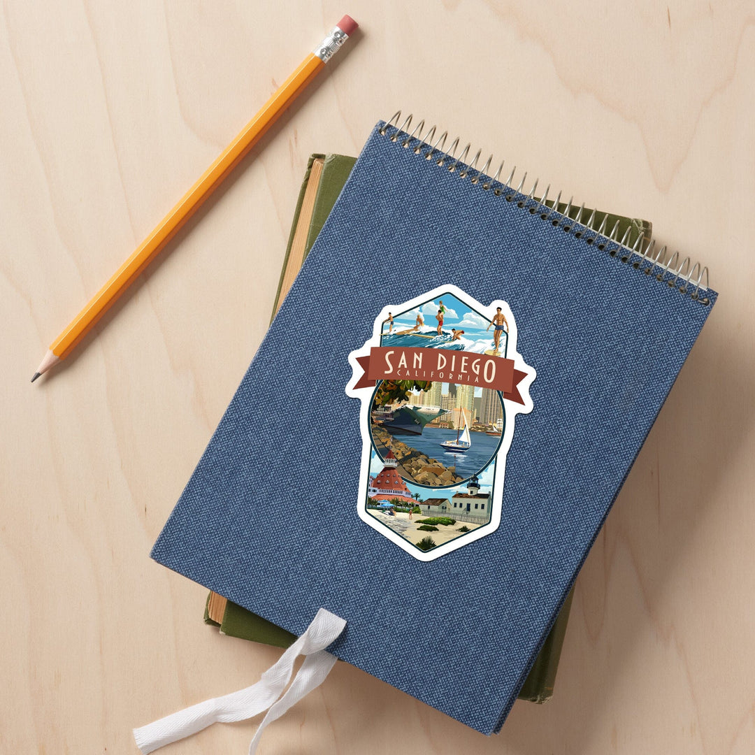 San Diego, California, Montage, Contour, Vinyl Sticker Sticker Lantern Press 