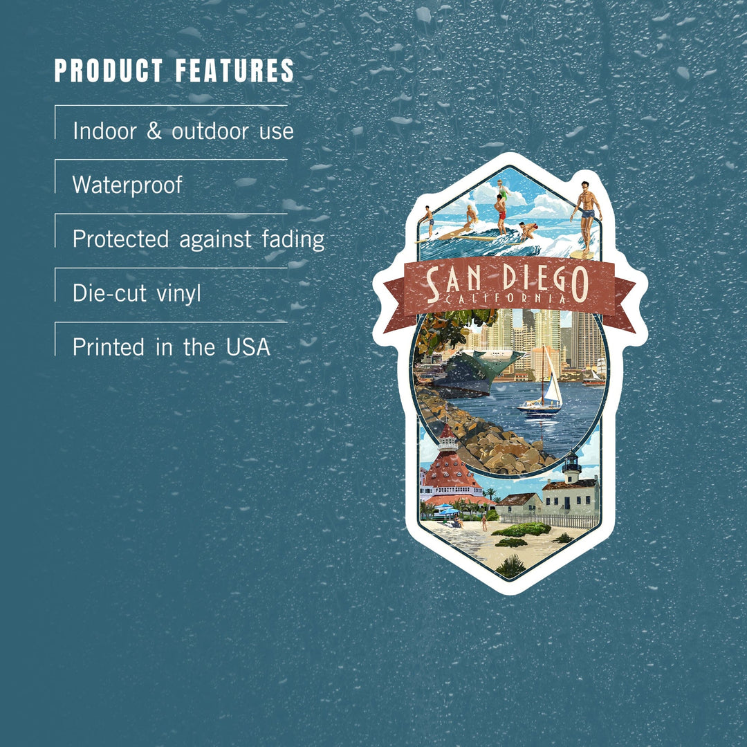 San Diego, California, Montage, Contour, Vinyl Sticker Sticker Lantern Press 