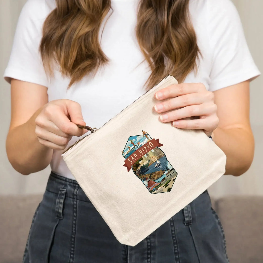 San Diego, California, Montage,, Organic Cotton Zipper Pouch, Go Bag Go Bag Lantern Press 