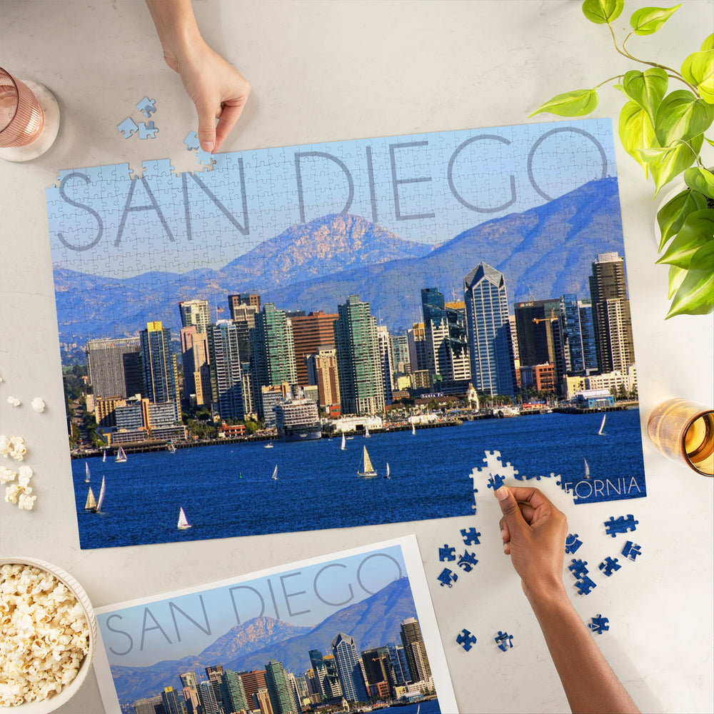 San Diego, California, Mountains and Sailboats, Jigsaw Puzzle Puzzle Lantern Press 