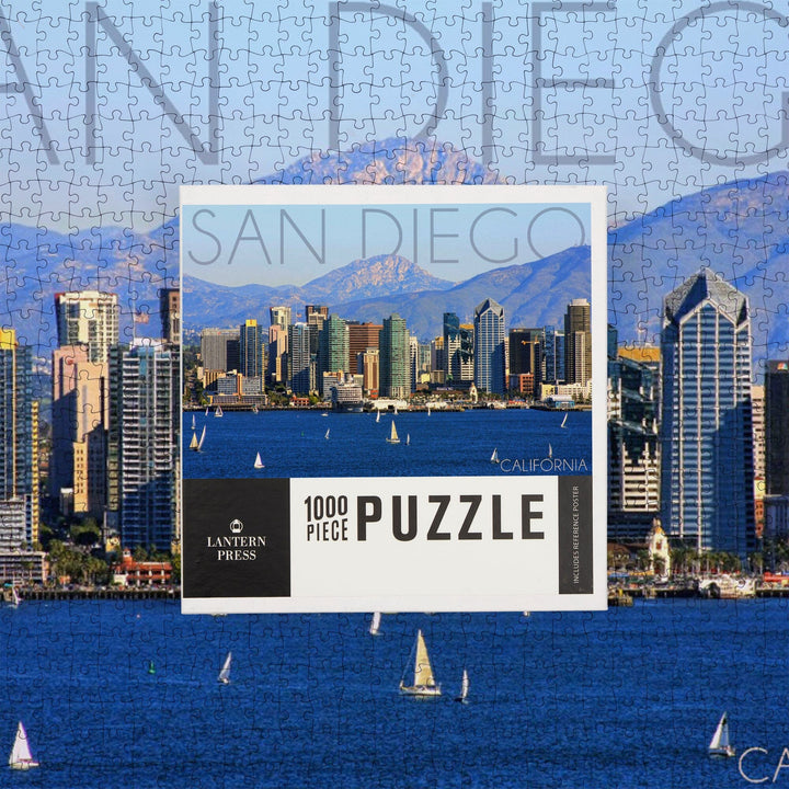 San Diego, California, Mountains and Sailboats, Jigsaw Puzzle Puzzle Lantern Press 