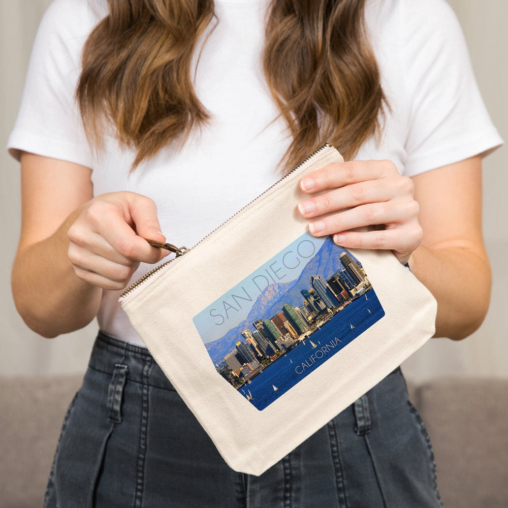 San Diego, California, Mountains and Sailboats,, Organic Cotton Zipper Pouch, Go Bag Go Bag Lantern Press 