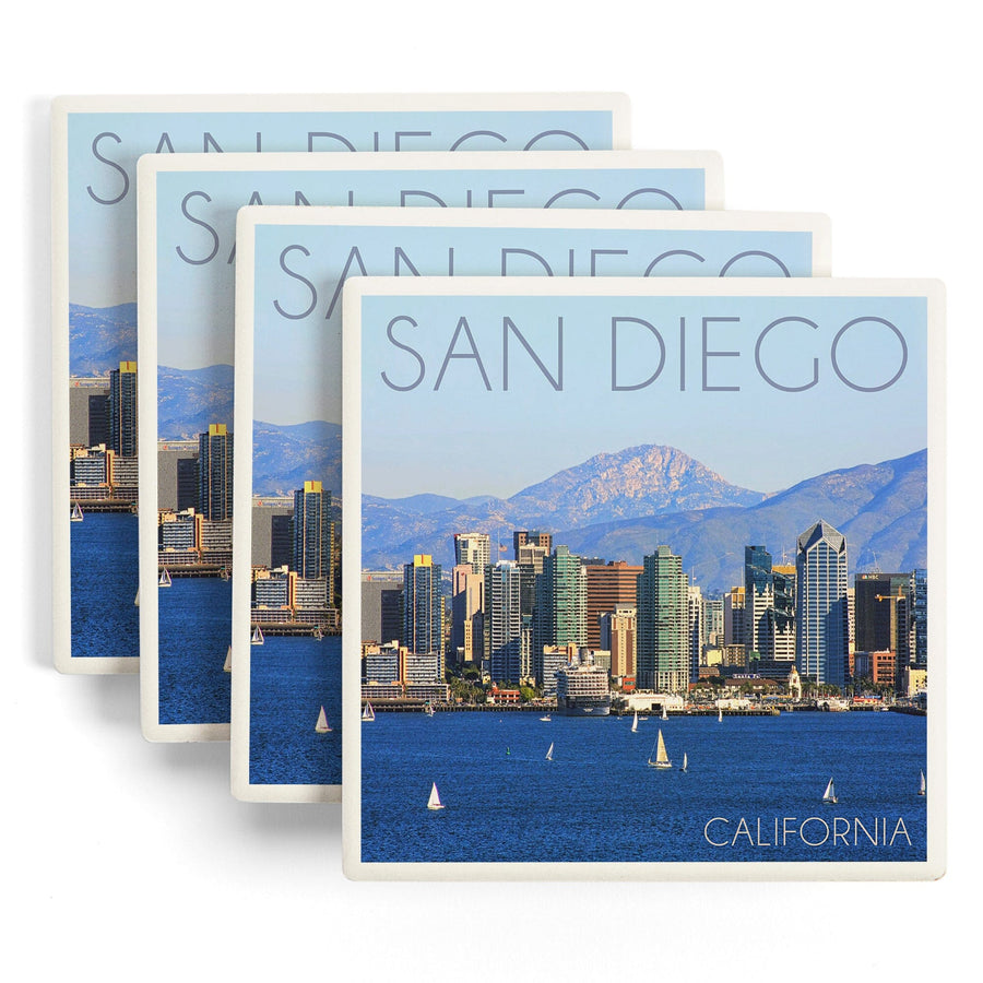 San Diego, California, Mountains & Sailboats, Lantern Press Photography, Coaster Set Coasters Lantern Press 