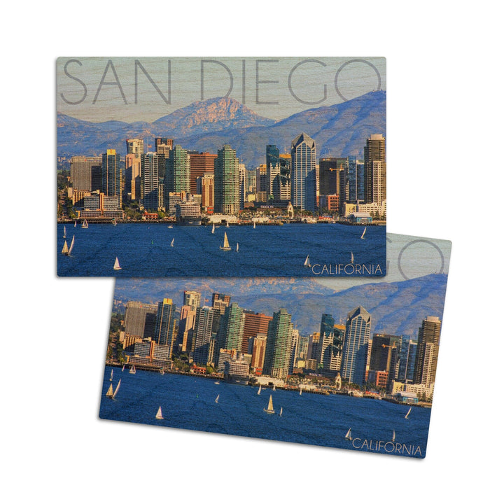 San Diego, California, Mountains & Sailboats, Lantern Press Photography, Wood Signs and Postcards Wood Lantern Press 4x6 Wood Postcard Set 
